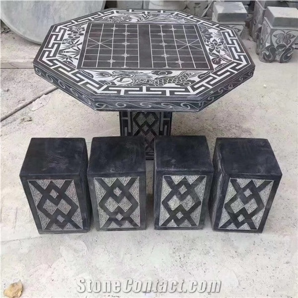 Antiqued Black Limestone Carved Table and Chairs