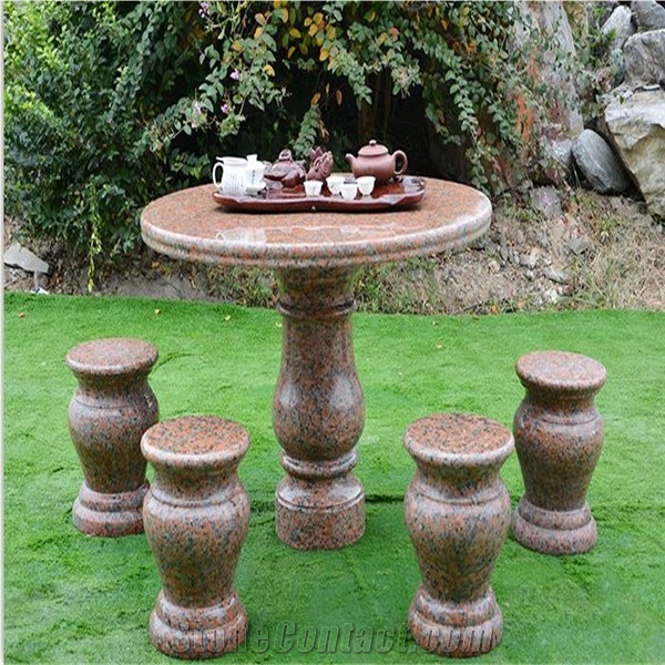 Maple Red Granite Round Stone Table and Chairs
