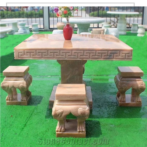 Outdoor Marble Pink Stone Square Table Sets