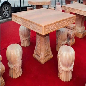 Outdoor Marble Pink Stone Square Table Sets