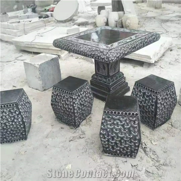 Outdoor Park Black Limestone Stone Table and Chair