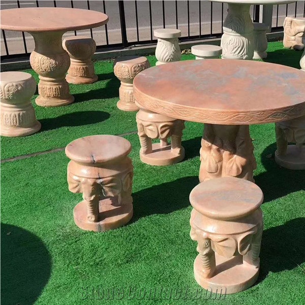 Pink Granite Stone Garden Square Table and Stool