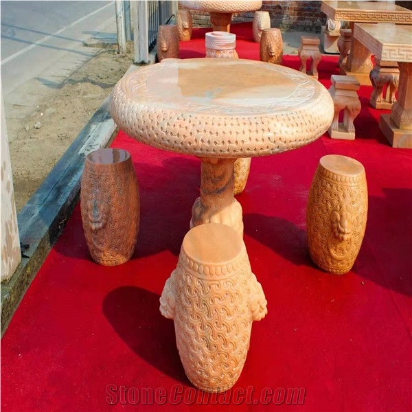Pink Granite Stone Garden Square Table and Stool