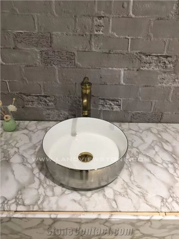 Silver Ceramic Sink Marble Veins Wash Basin