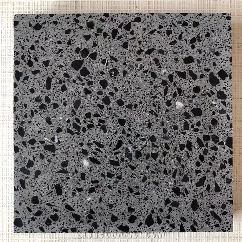 Honed Black Terrazzo Tile Floor Paving Project, Cement Stone