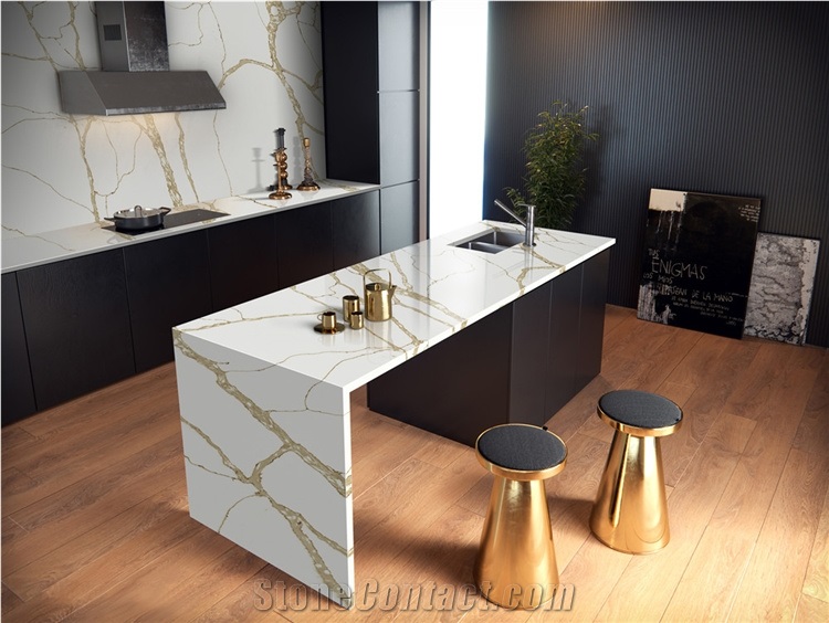 White Quartz Slabs with Gold Lines for Tops