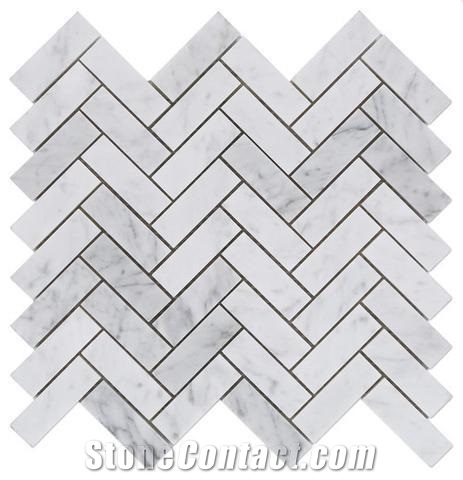 Carrara C White Marble Herringbone Mosaic Tiles