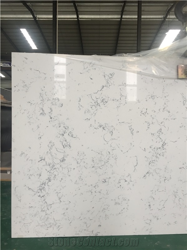 White Carrara Look Quartz Slabs W/ Grey Veins for Benchtop