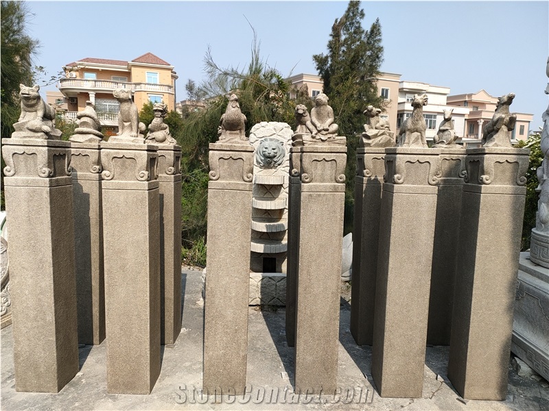 Chinese Zodiac Animal Sculptured Columns Pillars