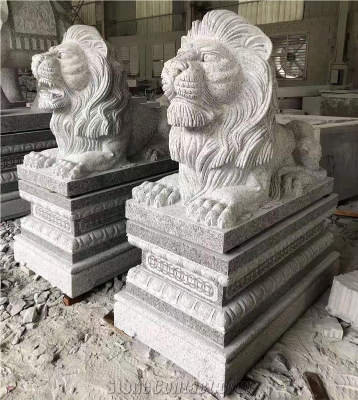 White Granite Garden Guardian Lion Sculpture