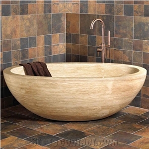 Beige Limestone Oval Bath Tub, Solid Hotel Bathtub