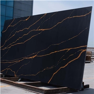 Black Quartz Artificial Marble Big Slab, Black Artificial Stone Golden Vein Slabs