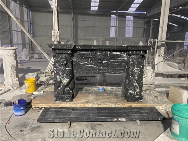 Handcrafted Factory Beige Marble Fireplace
