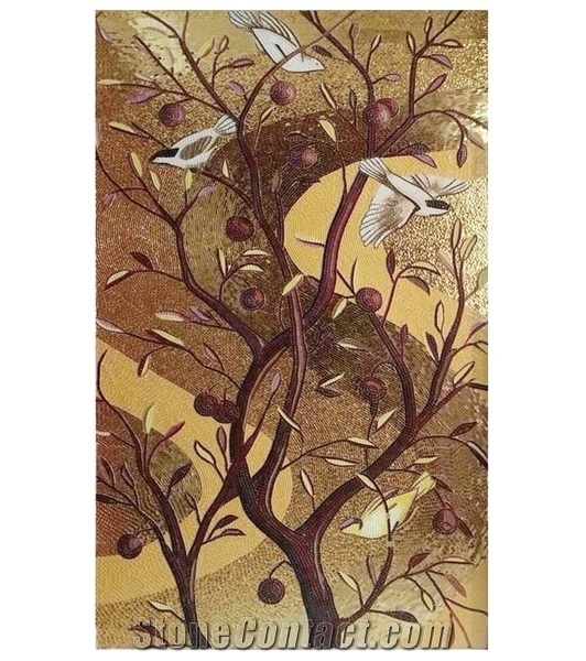 Abstract Design Pattern Of Flowers Birds Glass Mosaic Art