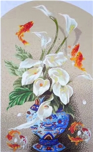 Beautiful Callalily Fishes and Vase Design Glass Mosaic Art