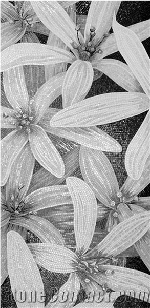 Black White Lilies Glass Mosaic Arts Medallion for Wall