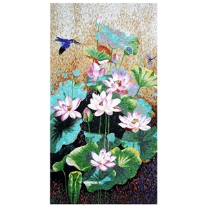 Chinese Painters Of Birds and Lotus Glass Mosaic Art
