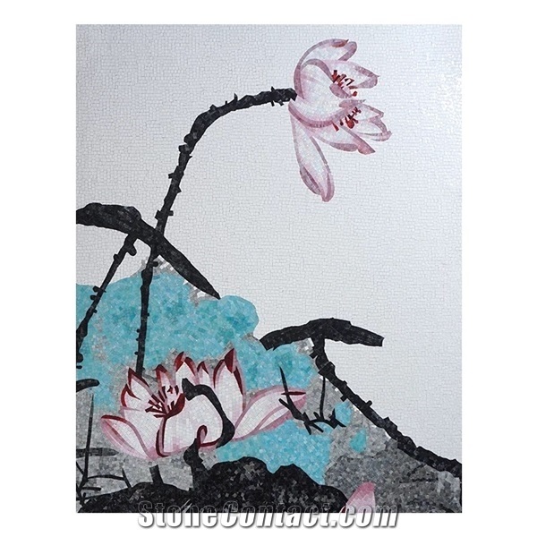 Chinese Painters Of Lotus on Blue River Glass Mosaic Art