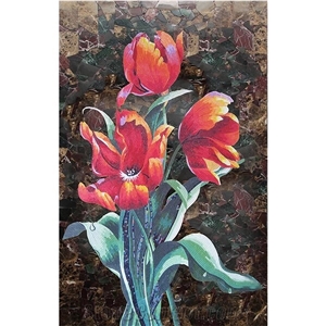 Dark Red Tulip Series Glass Mosaic Artworks Medallion