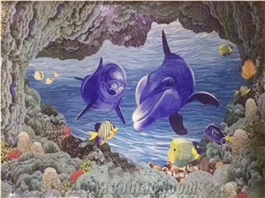 Dolpins Undersea Scenery Glass Mosaic Art Medallion for Wall