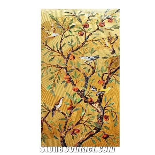 Gold Trees and Beautiful Birds Series Glass Mosaic Artworks