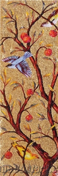 Golden Trees and Birds Glass Mosaic Art Medallion for Wall