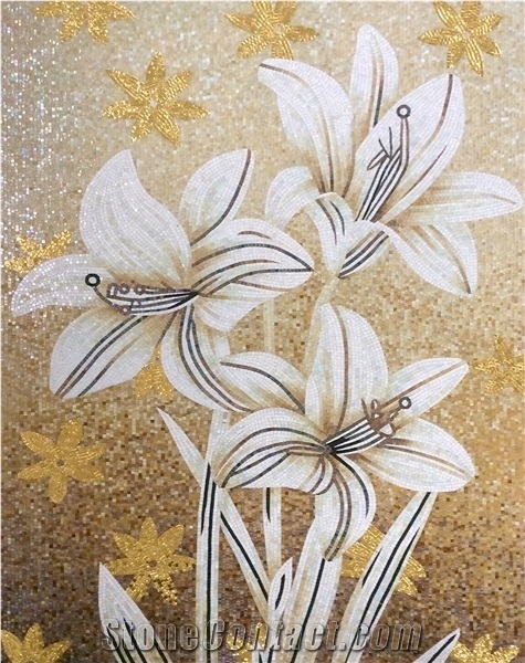 Goldleaf Greenish Lily Flower Glass Mosaic Artworks