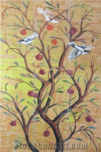 Goldleaf Thousands Of Birds Flying Fruits Glass Mosaic