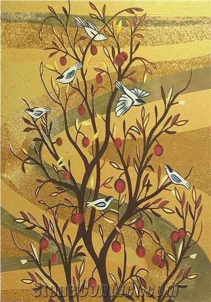 Goldleaf Thousands Of Birds Flying Trees Glass Mosaic Art