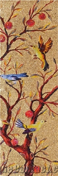 Goldleaf Trees and Birds Glass Mosaic Artworks Medallion