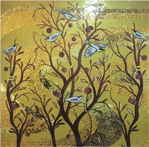 Goldleaf Trees Thousands Of Birds Flying Glass Mosaic Art