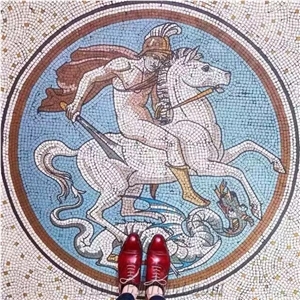 Knight Riding a Horse Circle Glass Medallion for Floor