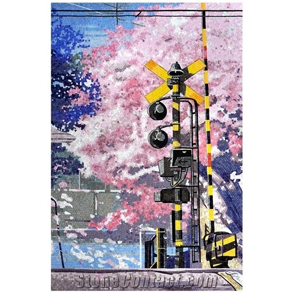 Landscape Scenery Of Cherry Blossom Station Glass Mosaic