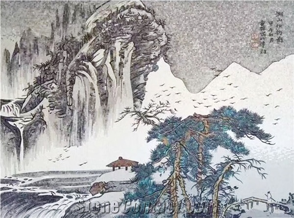 Landscape Scenery Of Mountains Pines Glass Mosaic Art