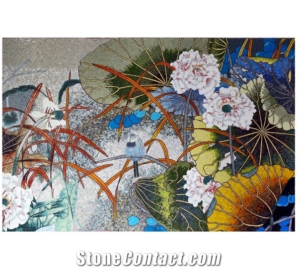 Little Lotus and Birds on Blue River Glass Mosaic Art