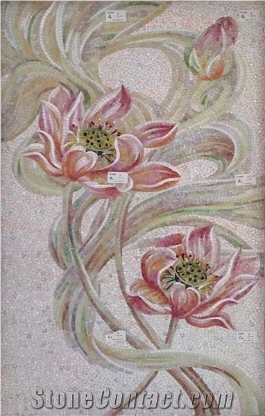 Little Pink and White Lotus Medallion Glass Mosaic Art