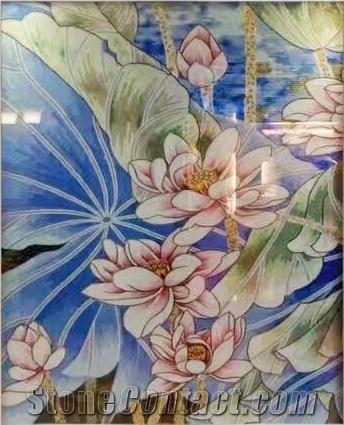 Little Pink and White Lotus on Blue Sea Glass Mosaic Art