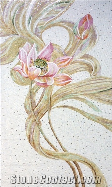 Little Pink and White Lotus with Dragonfly Glass Mosaic Art