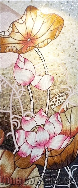 Lotus with Leaves Glass Jade Mosaic Art Medallion