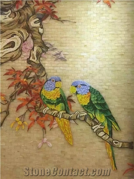Maple Leaves and Birds Glass Mosaic Design Art Medallion