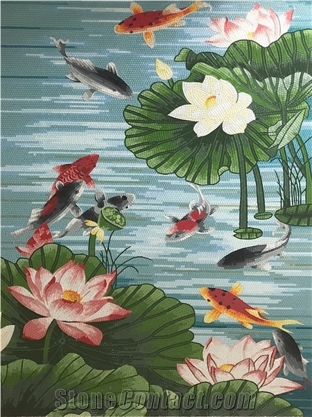 Pink Lotus and Fishes on Blue River Glass Mosaic Art