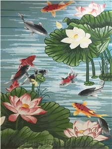 Pink Lotus and Fishes on Blue River Glass Mosaic Art