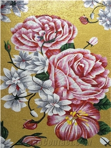 Pink White Design Of Flowers Glass Mosaic Art