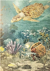 Sea Turtle Undersea Scenery Glass Mosaic Art Medallion