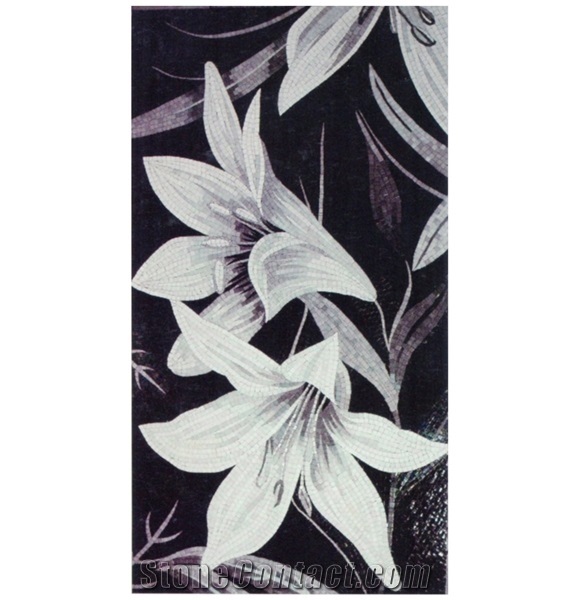 White Black Design Pattern Of Lilies Glass Mosaic Art