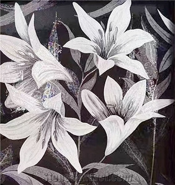 White Black Grey Design Of Lilies Glass Mosaic Art