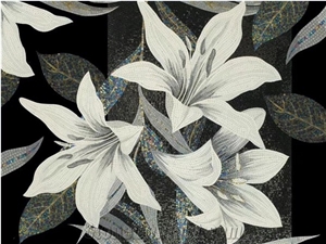White Black Grey Design Of Lilies Pattern Glass Mosaic Art