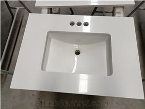 White Quartz Stone Bathroom Vanity Units Installed Sinks