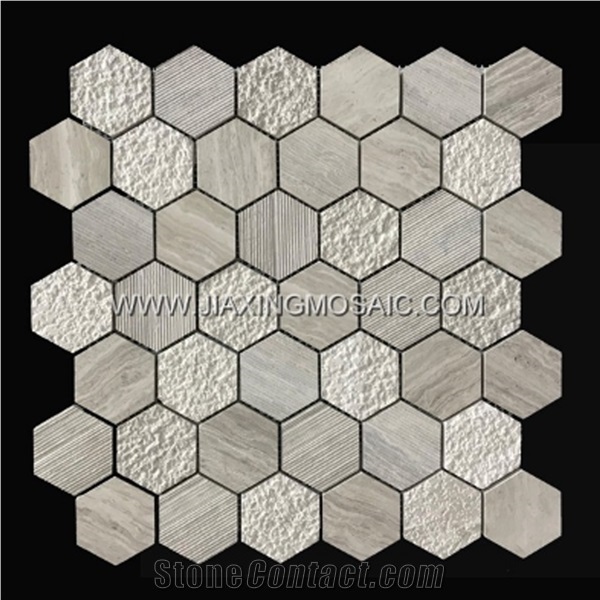 Hexagon Wooden White Polished Marble Mosaic Tile