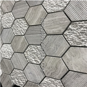Hexagon Wooden White Polished Marble Mosaic Tile